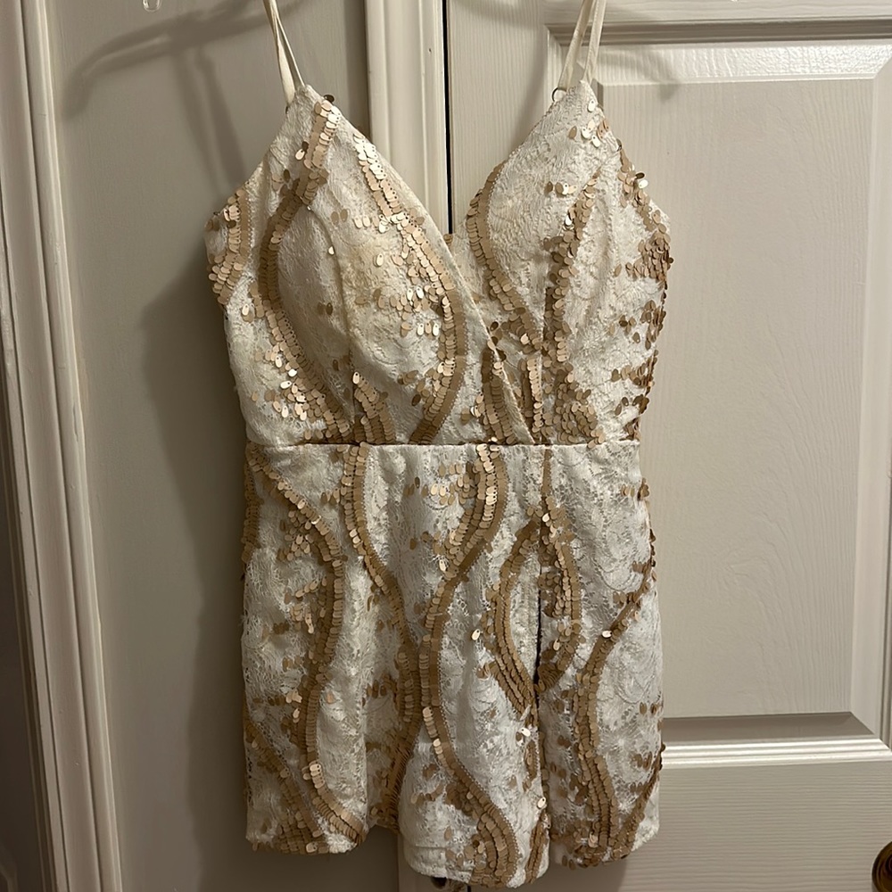 Gold and white sequin romper